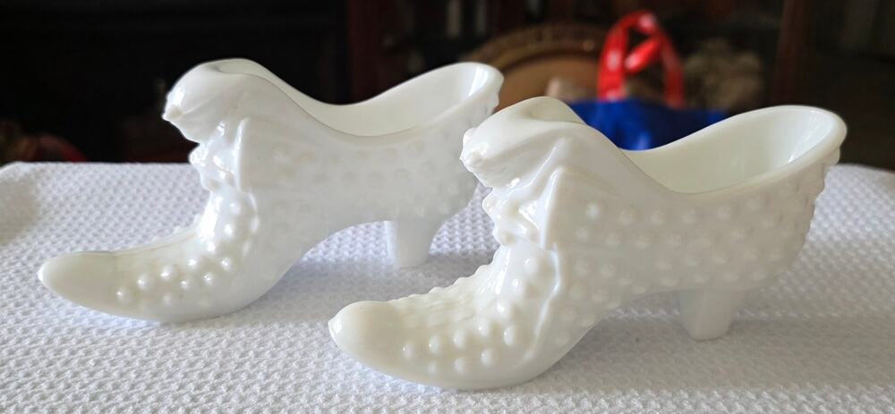 Fenton White Milk Glass Hobnail Shoe Slipper Pair 5.5"